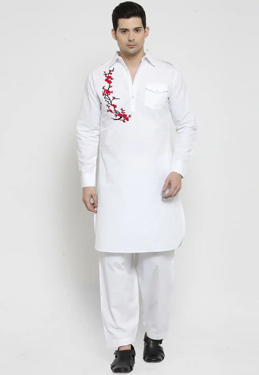 White Cotton Pathani Suit 305141