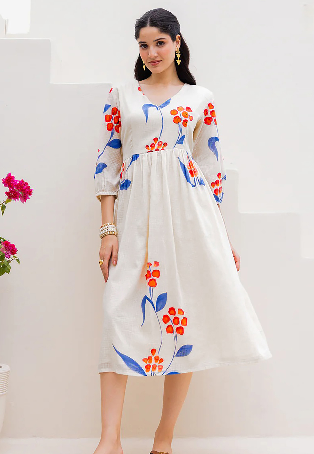 White Cotton Printed Gown 318019