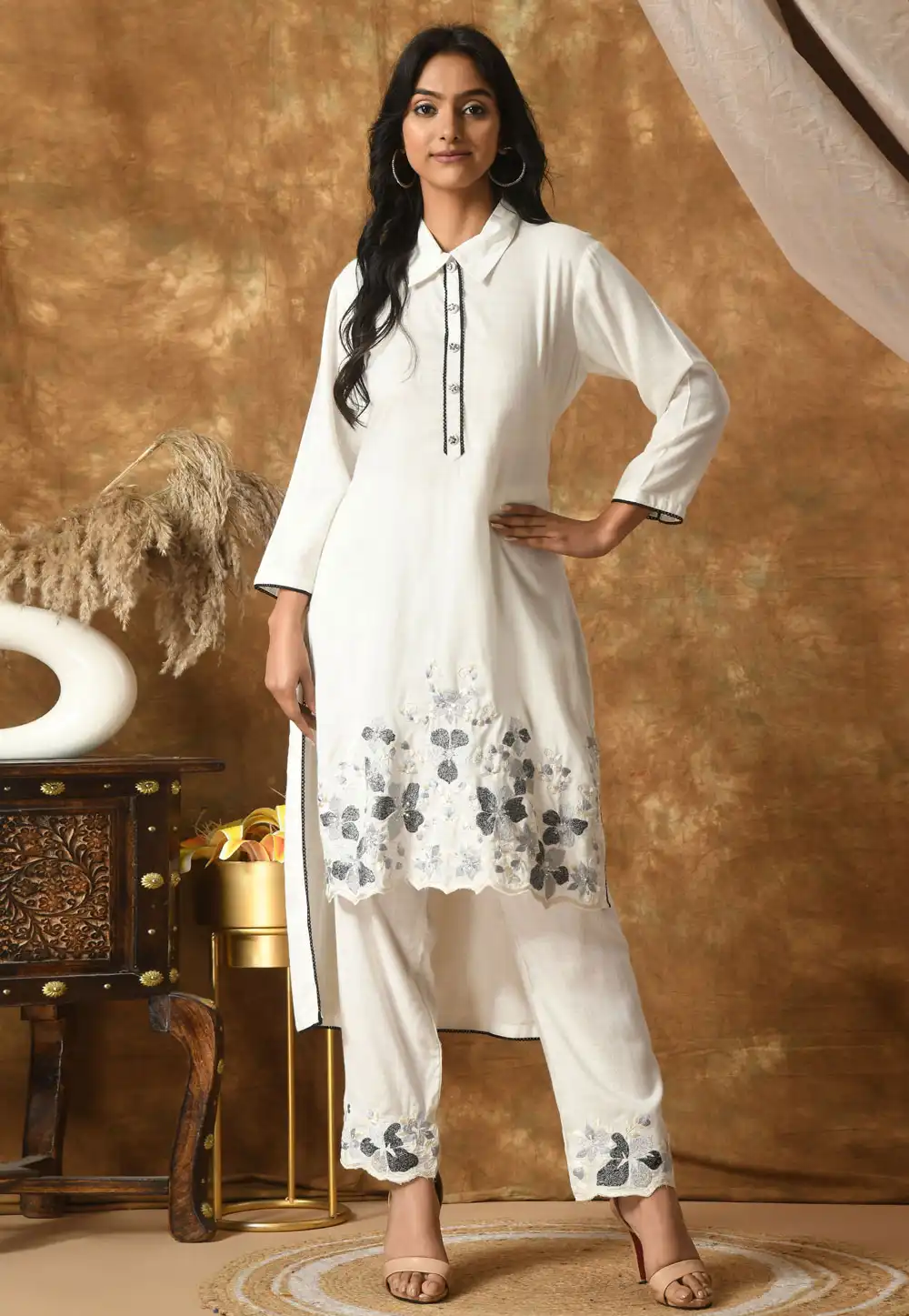 White Cotton Rayon Kurta Set With Pant 305490