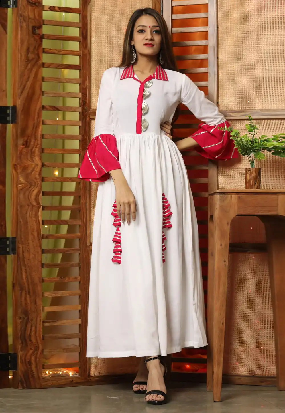White Cotton Rayon Readymade Anarkali Suit 310313