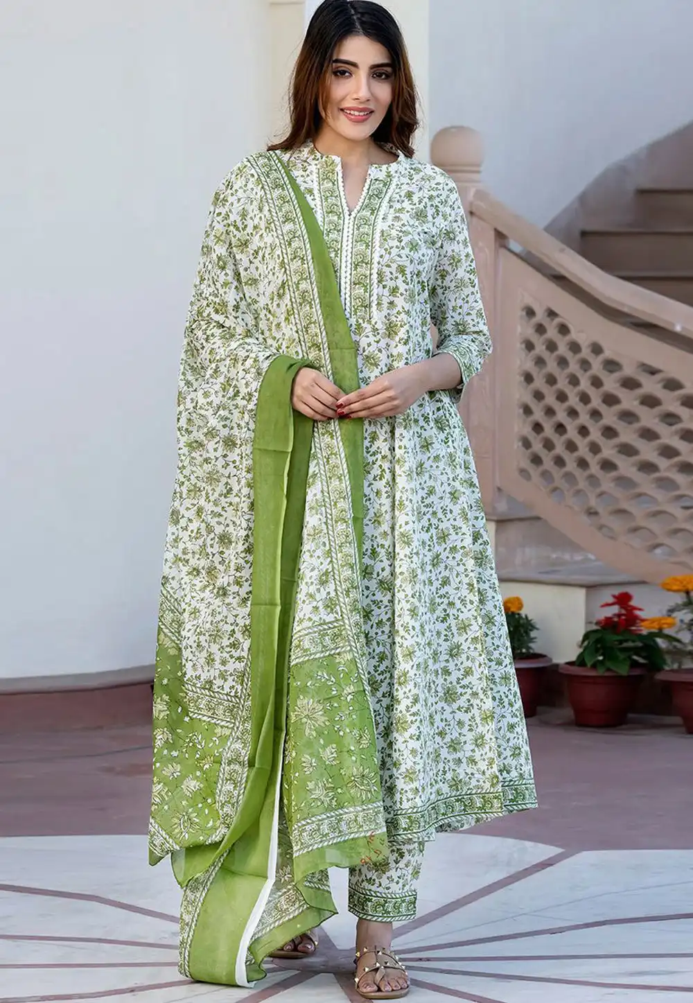 White Cotton Readymade Anarkali Suit 315968