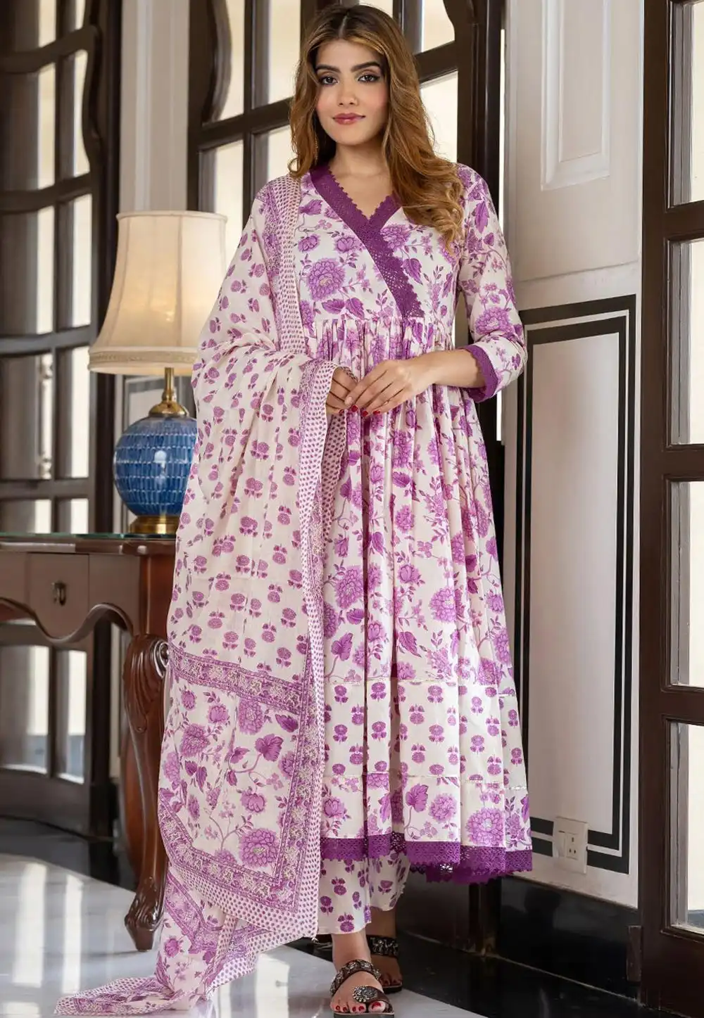 White Cotton Readymade Anarkali Suit 321734