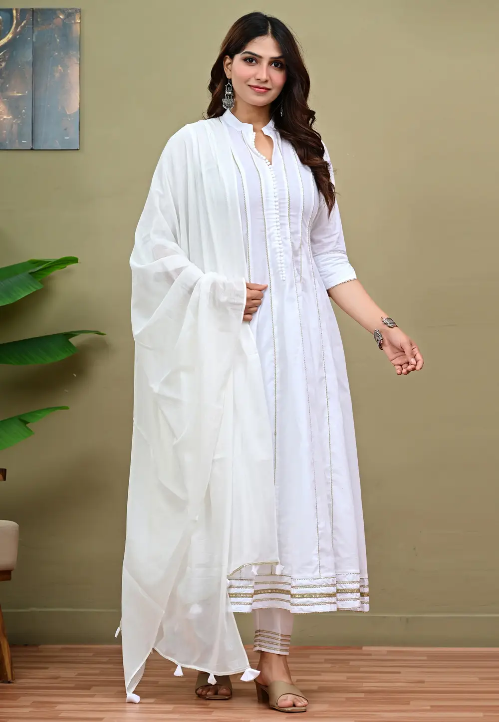 White Cotton Readymade Anarkali Suit 335819