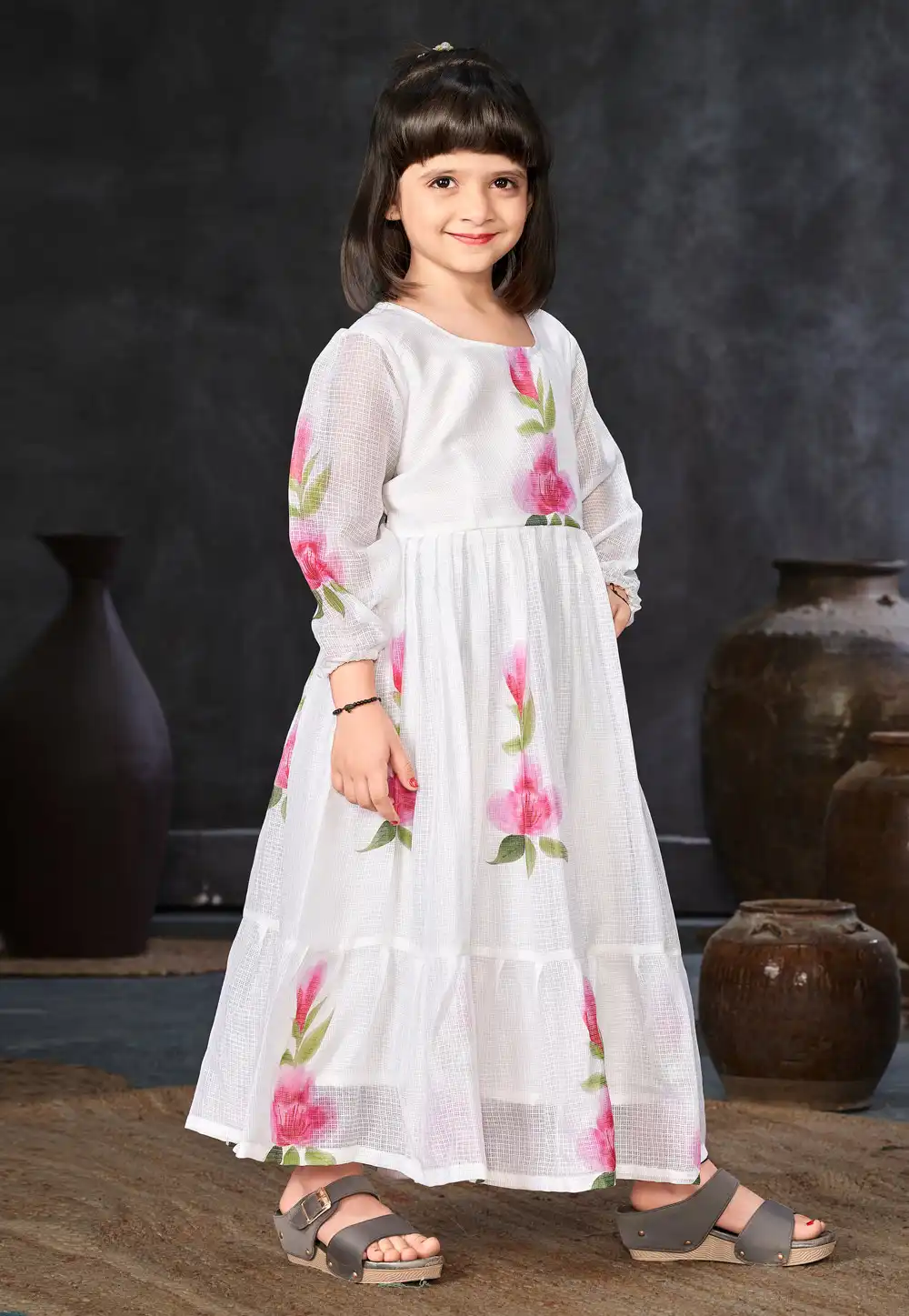 White Cotton Readymade Kids Gown 284480