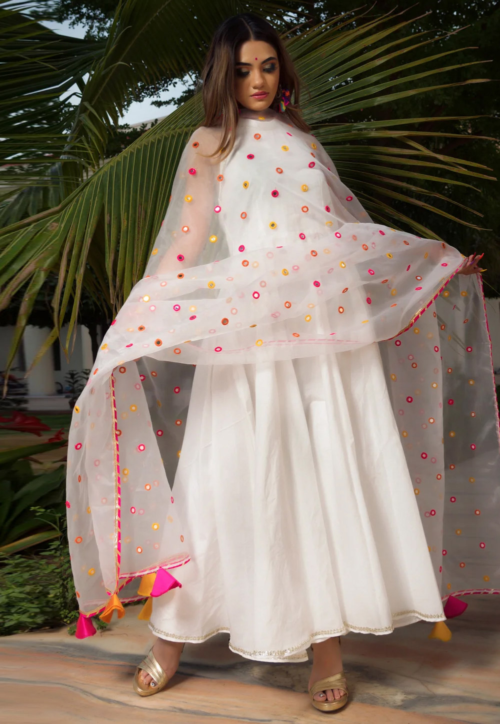White Cotton Readymade Long Anarkali Suit 330308