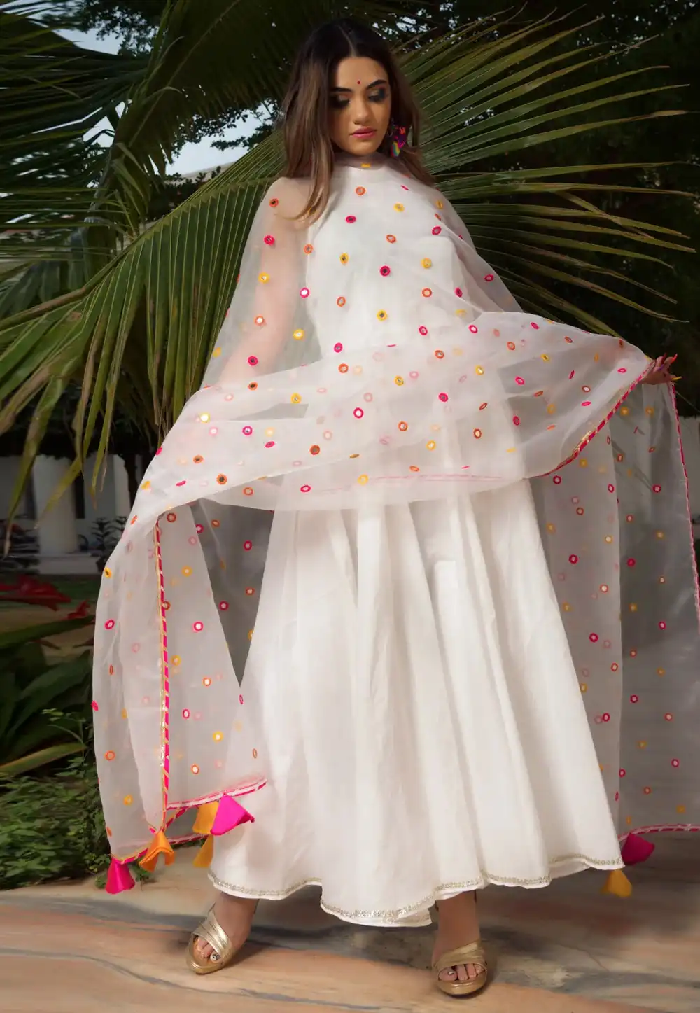 White Cotton Readymade Long Anarkali Suit 330308