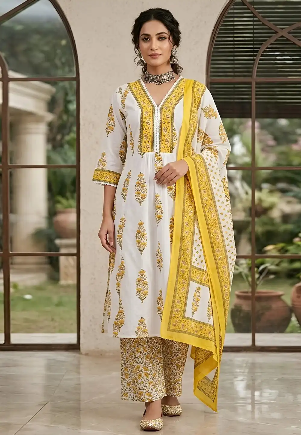 White Cotton Readymade Palazzo Suit 326787