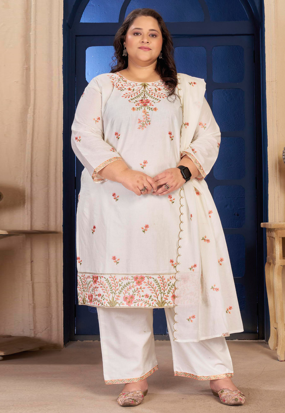 White Cotton Readymade Palazzo Suit 326832