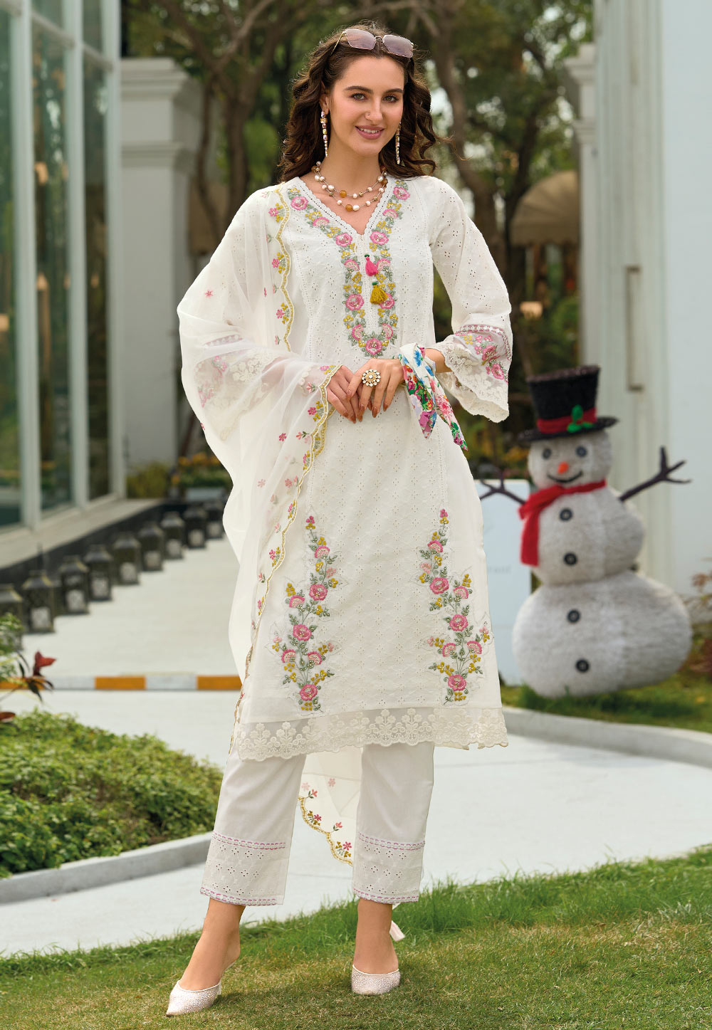 White Cotton Readymade Pant Style Suit 311509