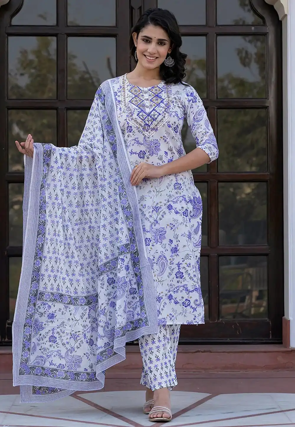 White Cotton Readymade Pant Style Suit 308076