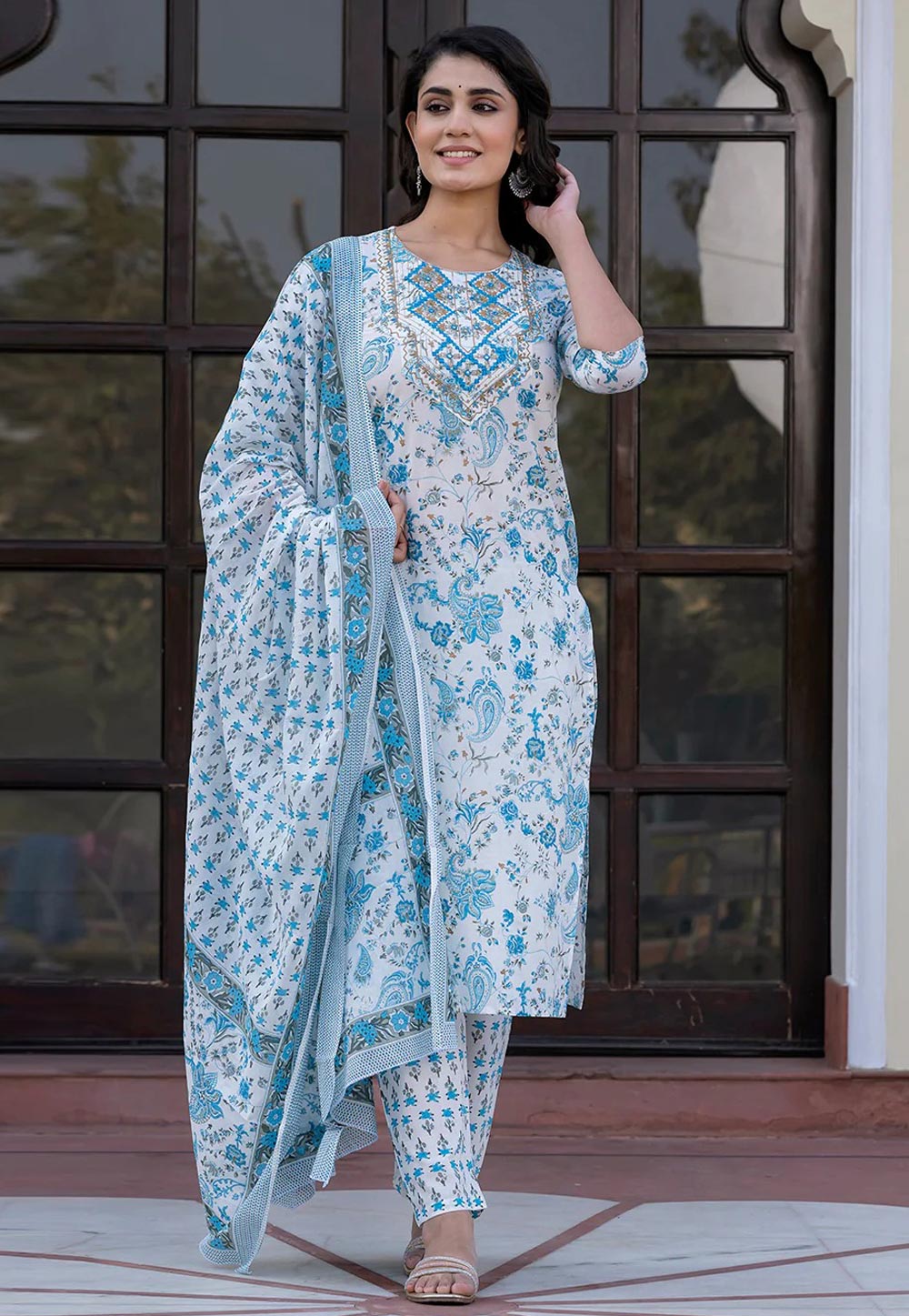 White Cotton Readymade Pant Style Suit 308078