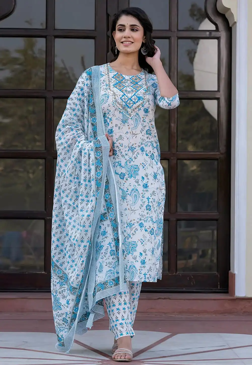 White Cotton Readymade Pant Style Suit 308078