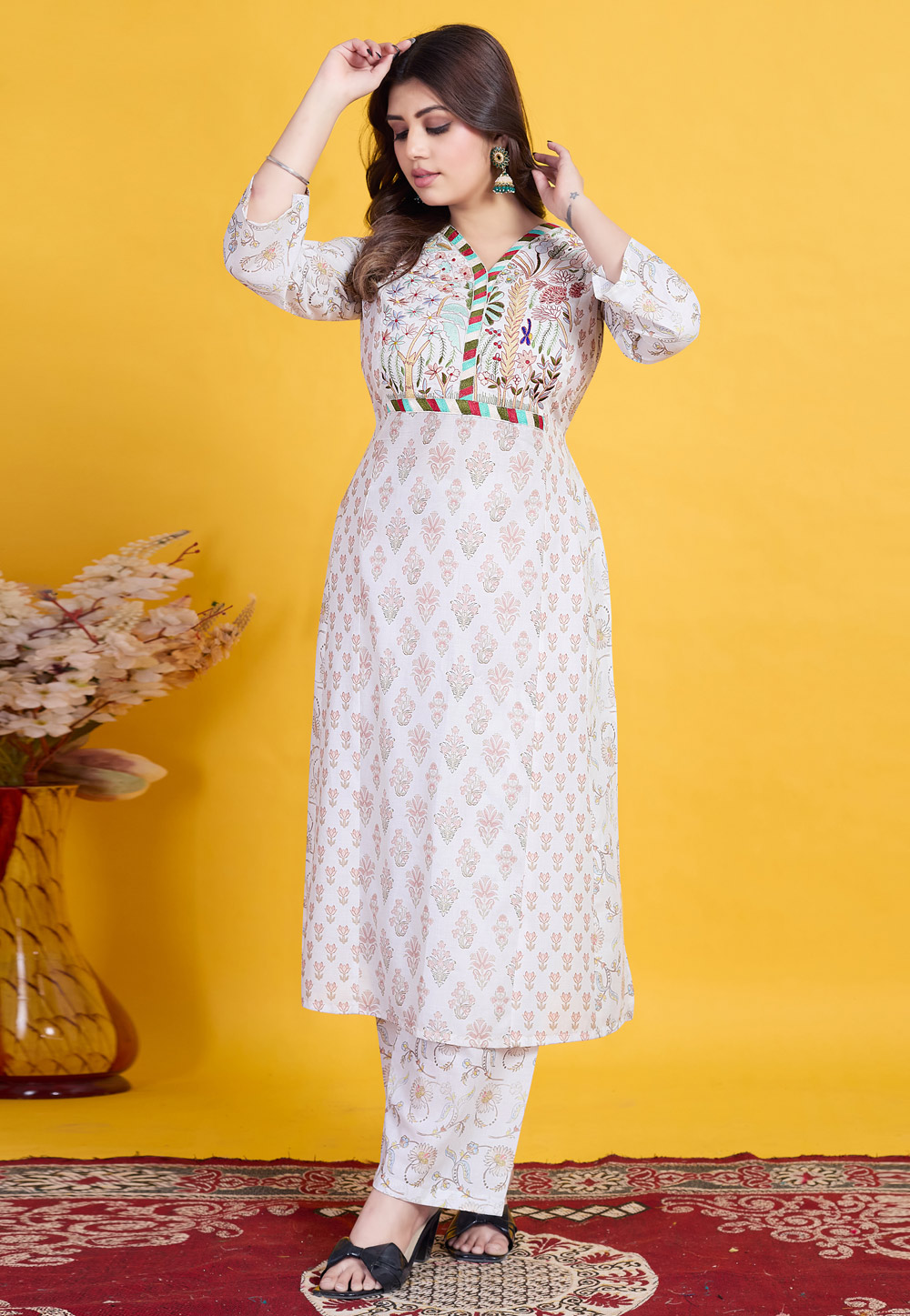 White Cotton Readymade Pant Style Suit 307048
