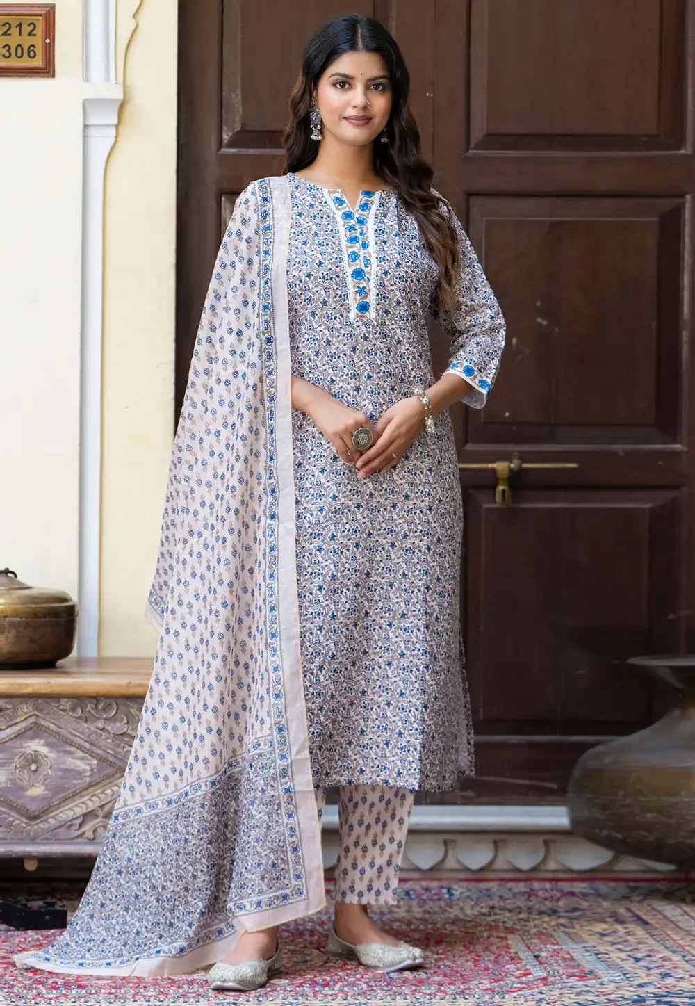 White Cotton Readymade Pant Style Suit 326230