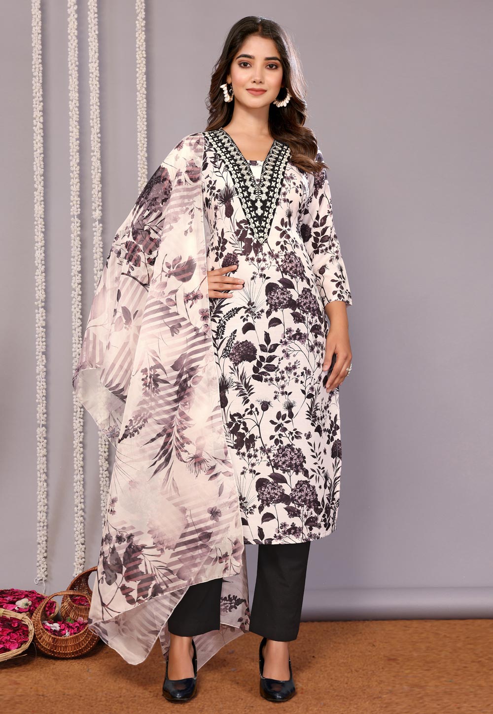 White Cotton Readymade Pant Style Suit 308126