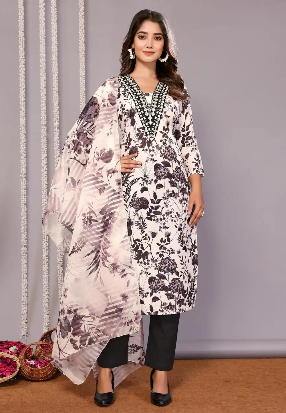 White Cotton Readymade Pant Style Suit 308126