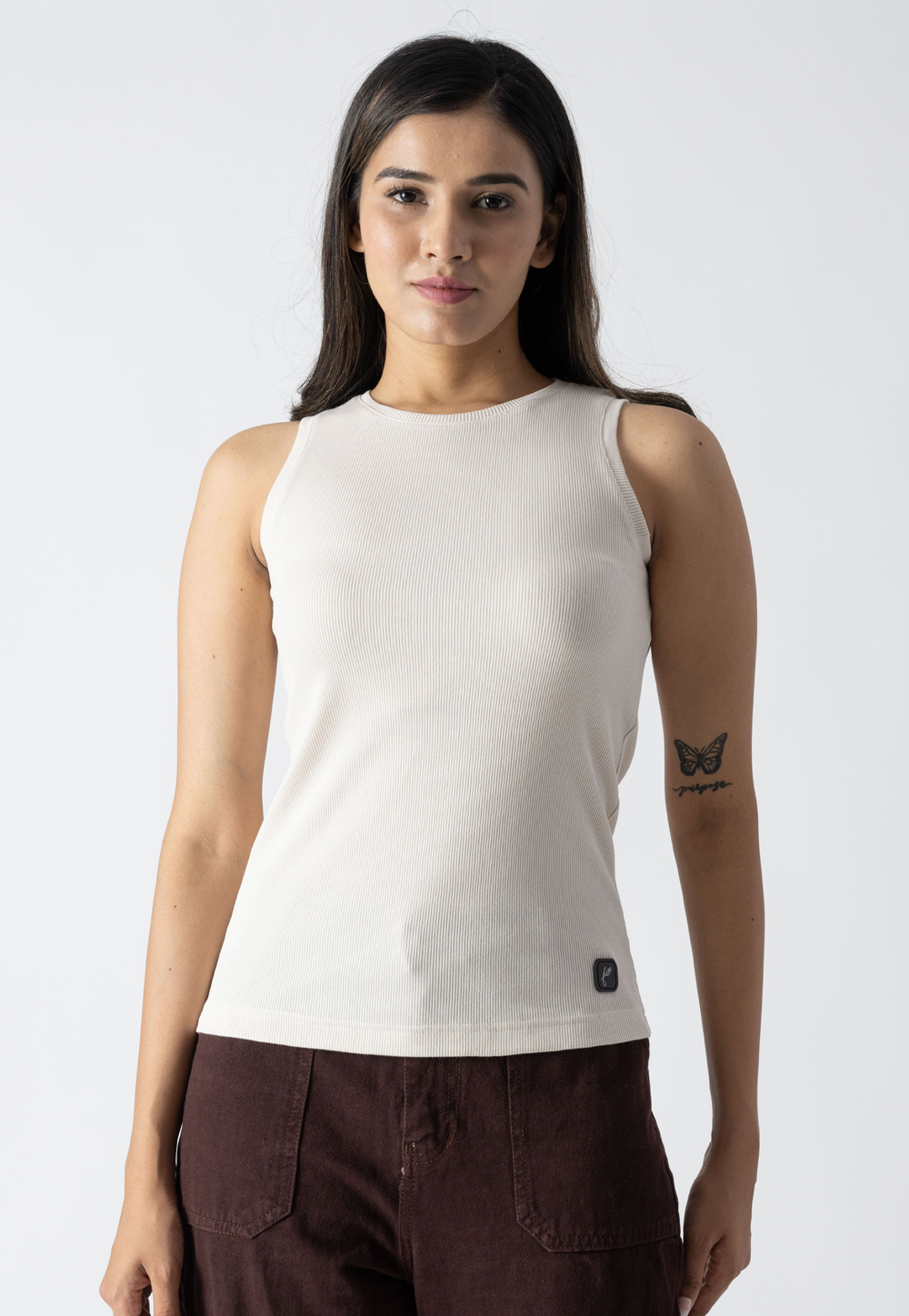 Off White Cotton Ribbed Sleeveless Top 313248
