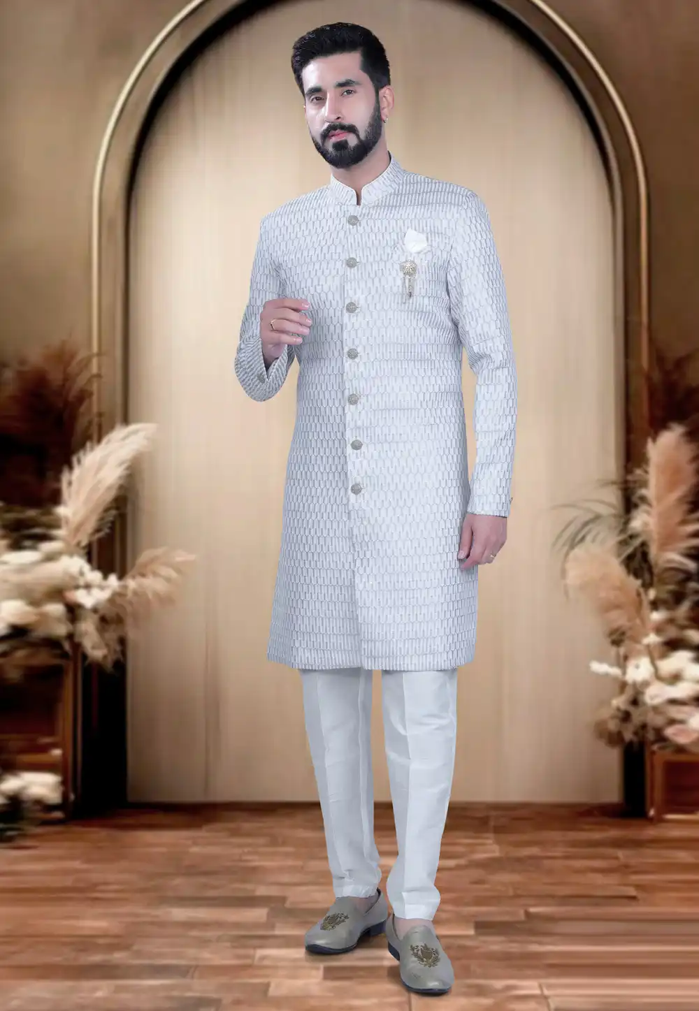 White Cotton Silk Achkan Style Sherwani 319681