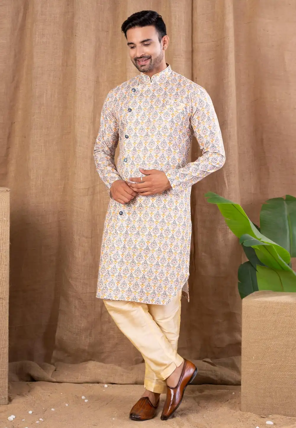 White Cotton Silk Indo Western Suit 316480