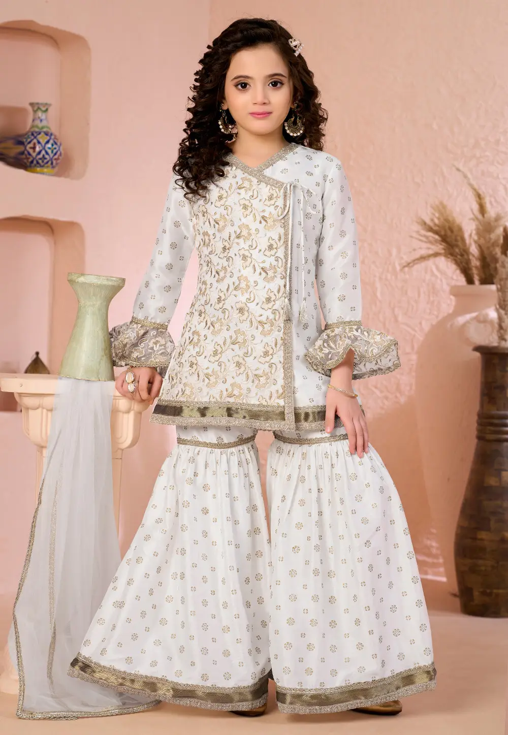 White Cotton Silk Kids Sharara Suit 334334