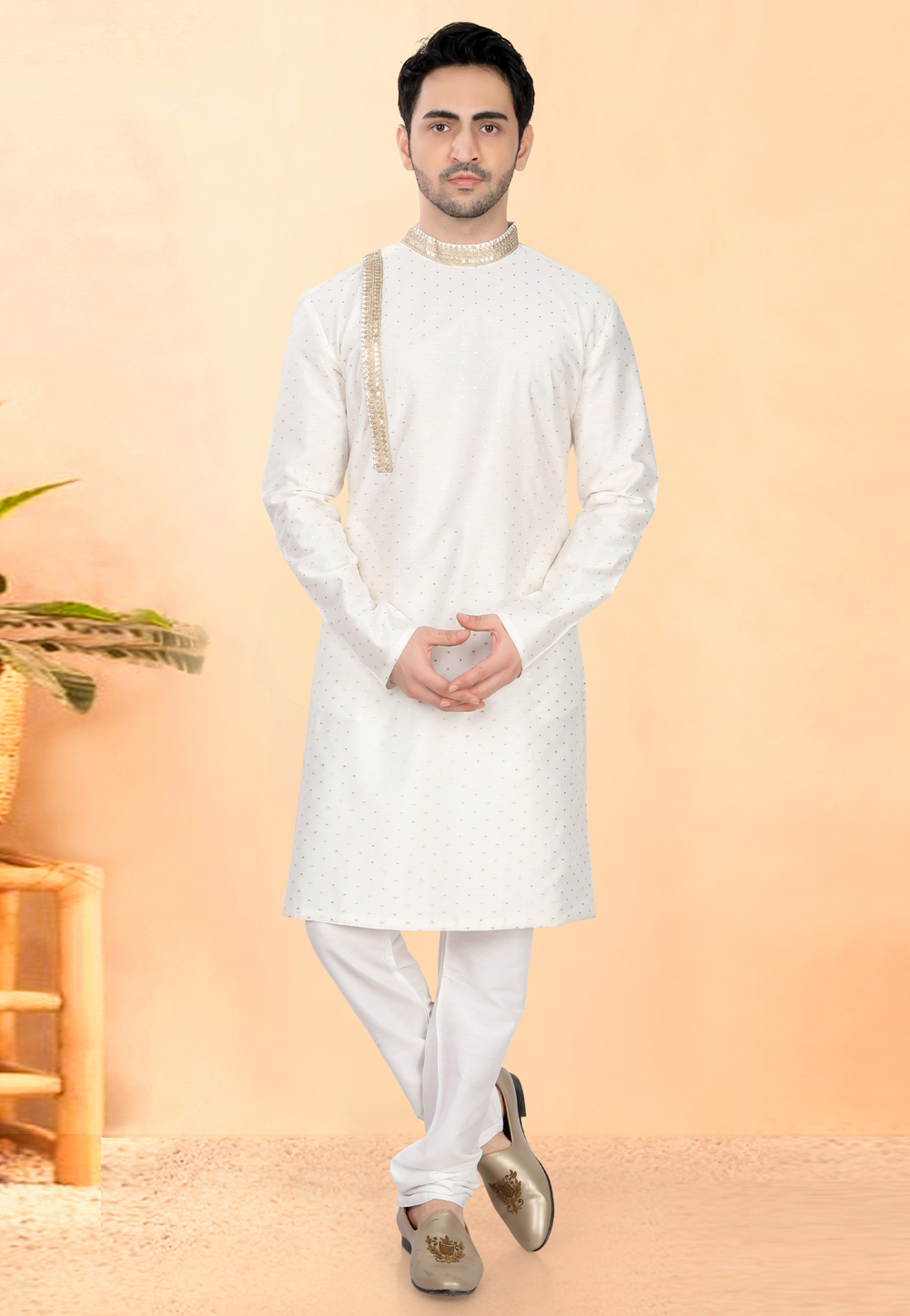 White Cotton Silk Kurta Pajama 307961