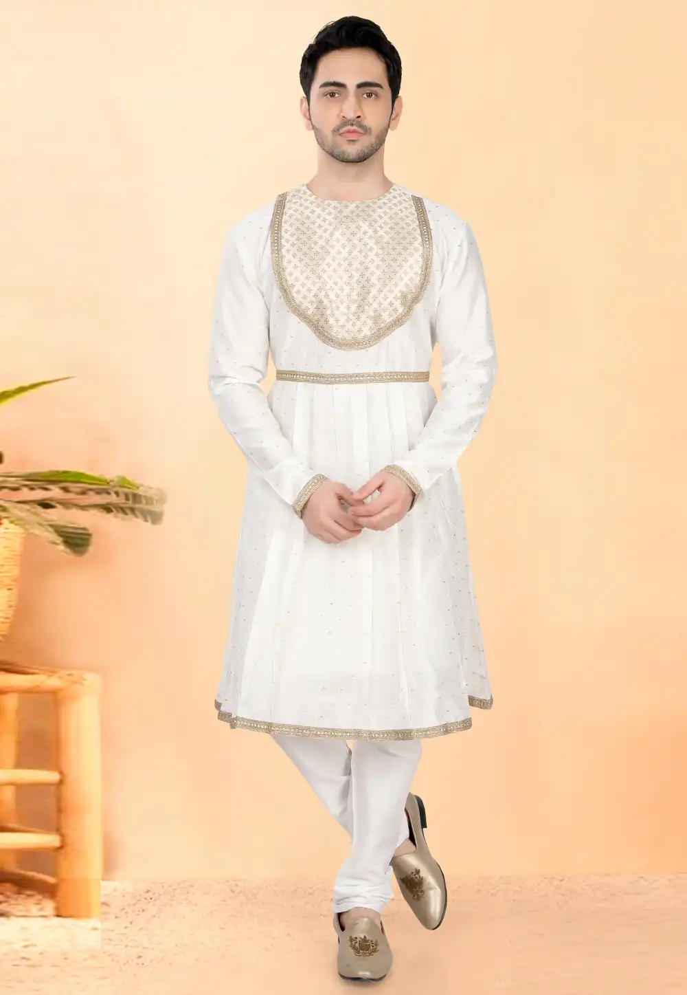 White Cotton Silk Peshwai Style Kurta Pajama 307953