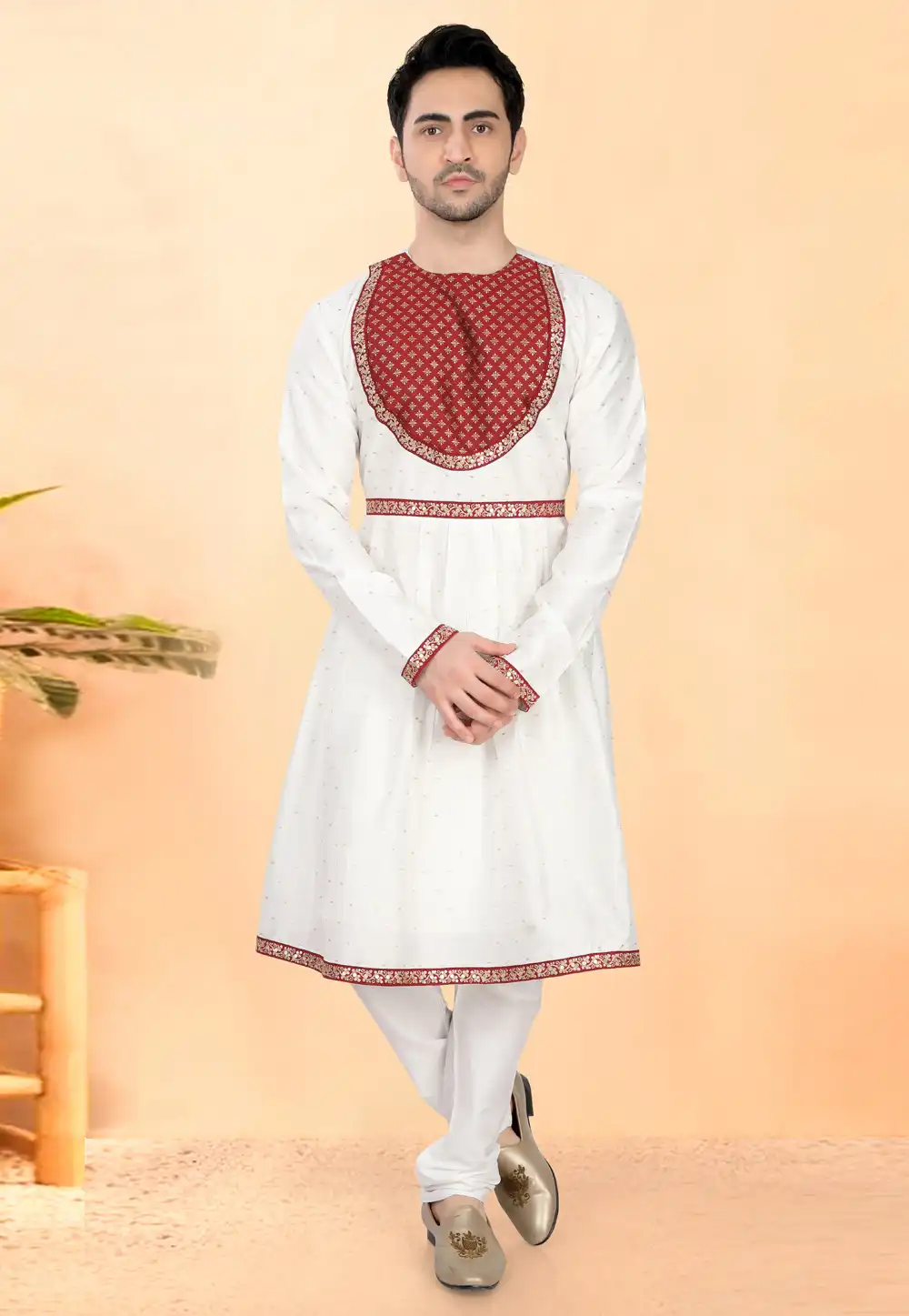 White Cotton Silk Peshwai Style Kurta Pajama 307954