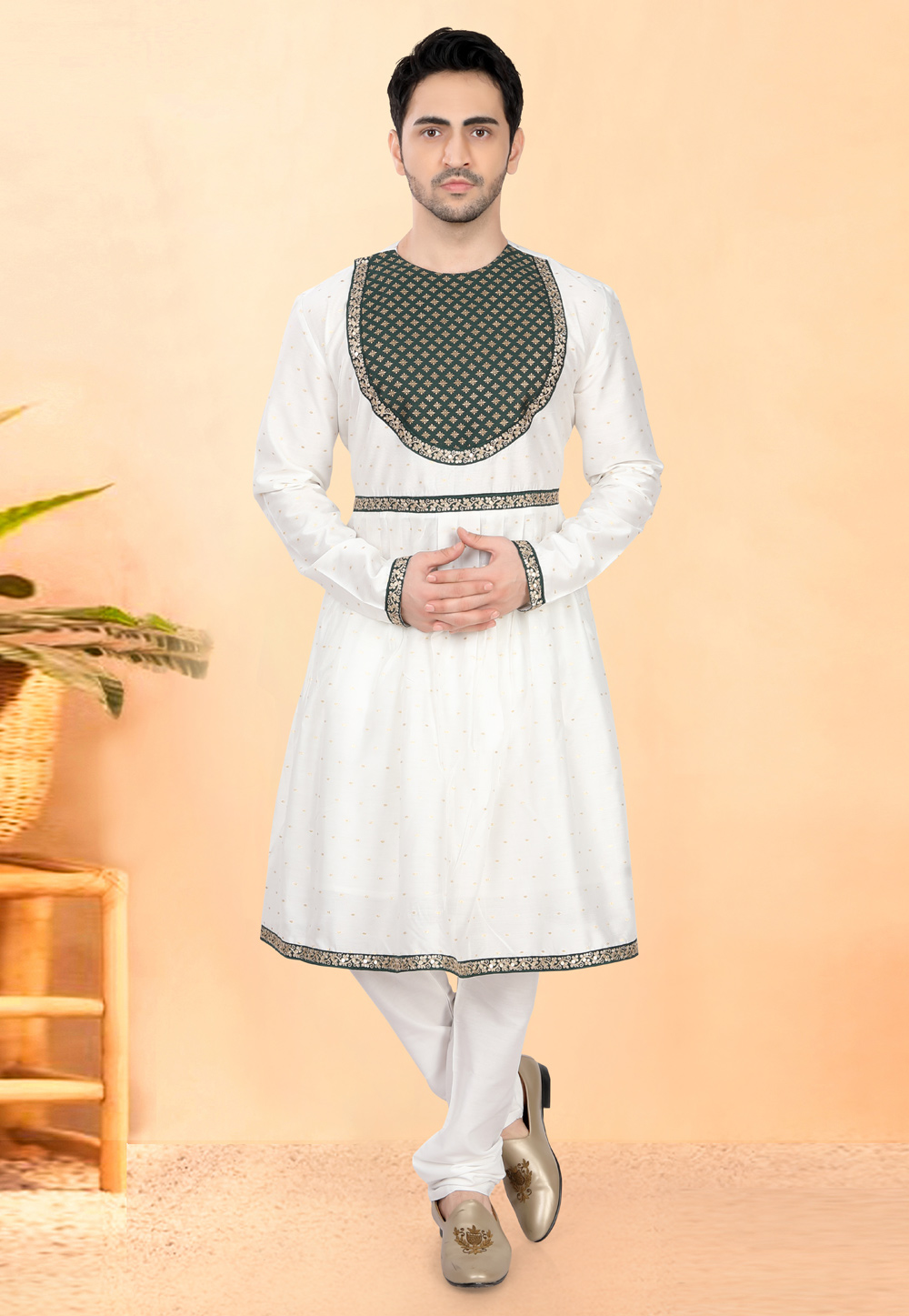 White Cotton Silk Peshwai Style Kurta Pajama 307956