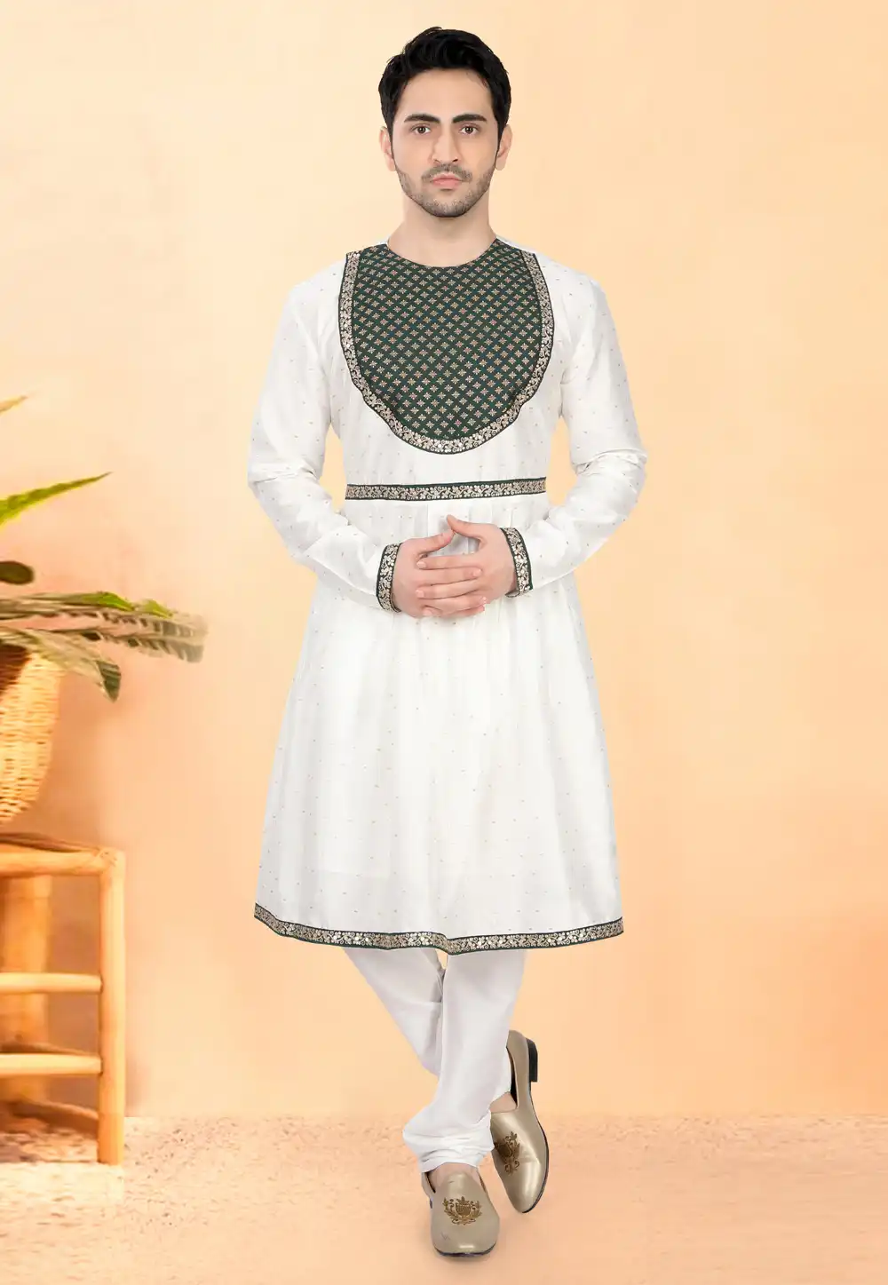 White Cotton Silk Peshwai Style Kurta Pajama 307956