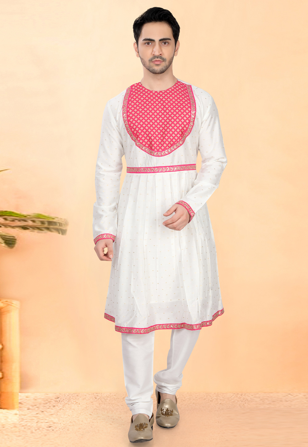 White Cotton Silk Peshwai Style Kurta Pajama 307959