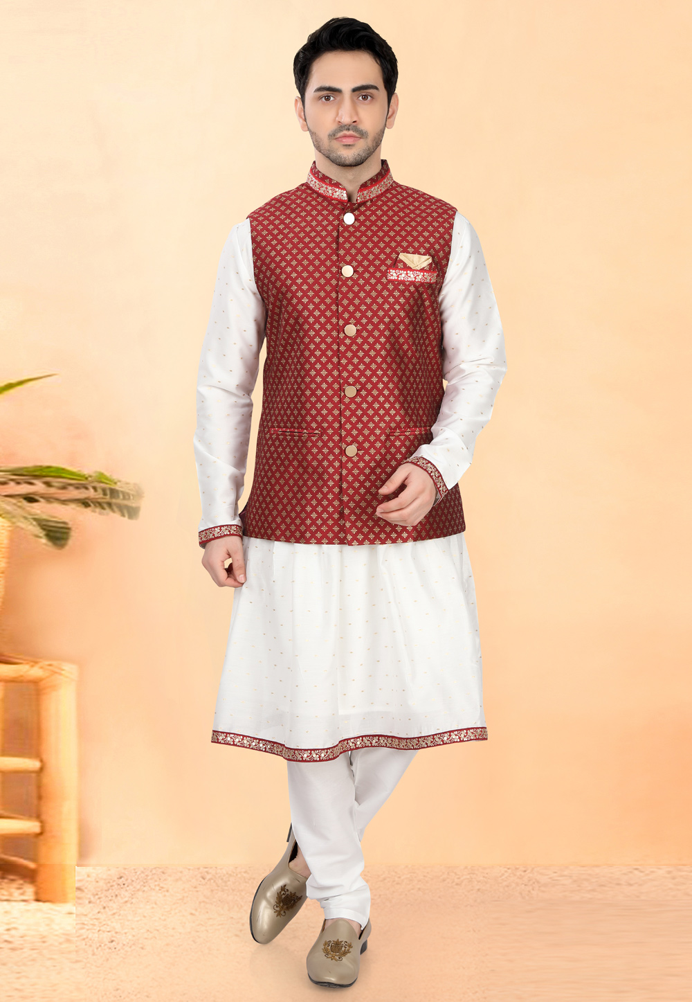 White Cotton Silk Peshwai Style Kurta Pajama With Jacket 307955
