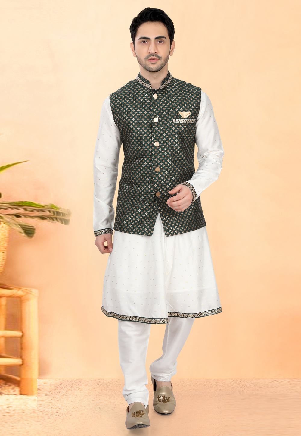 White Cotton Silk Peshwai Style Kurta Pajama With Jacket 307957