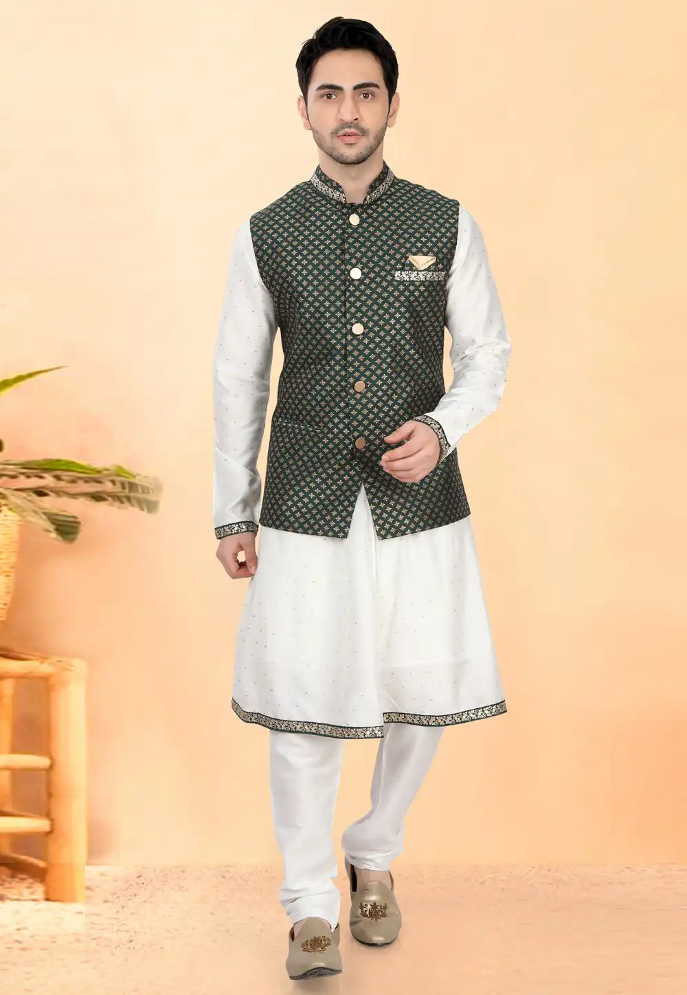 White Cotton Silk Peshwai Style Kurta Pajama With Jacket 307957