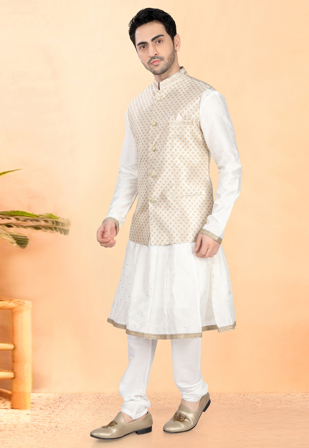 White Cotton Silk Peshwai Style Kurta Pajama With Jacket 307958