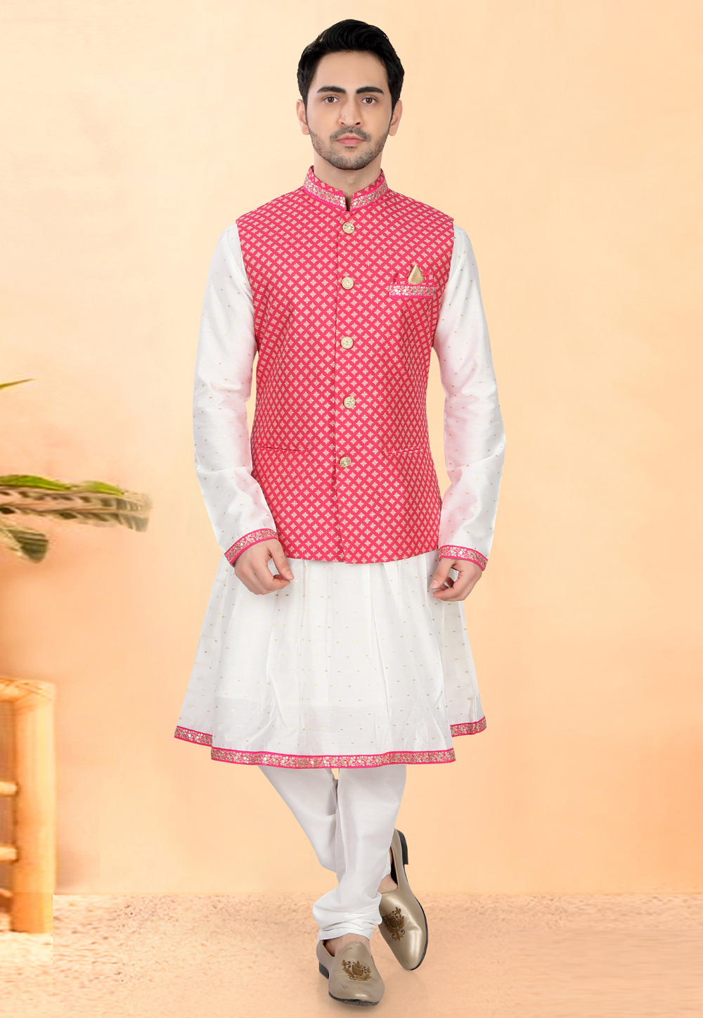 White Cotton Silk Peshwai Style Kurta Pajama With Jacket 307960