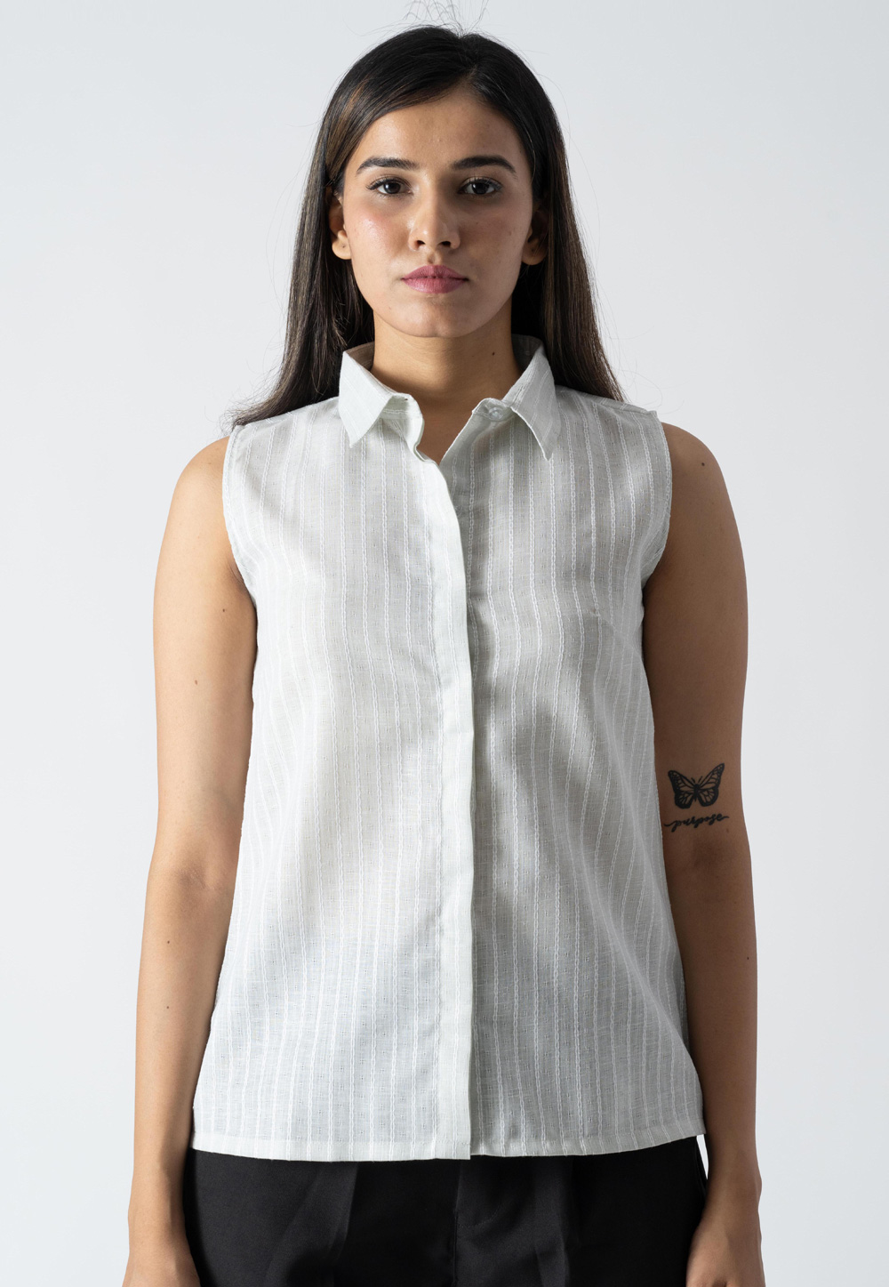 White Cotton Sleeveless Shirt For Women 313255