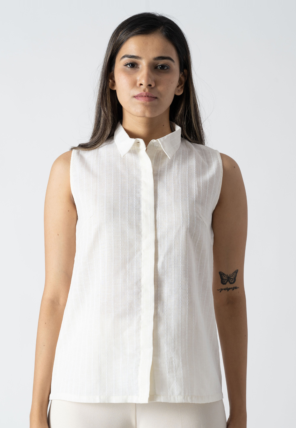 White Cotton Sleeveless Shirt For Women 313257