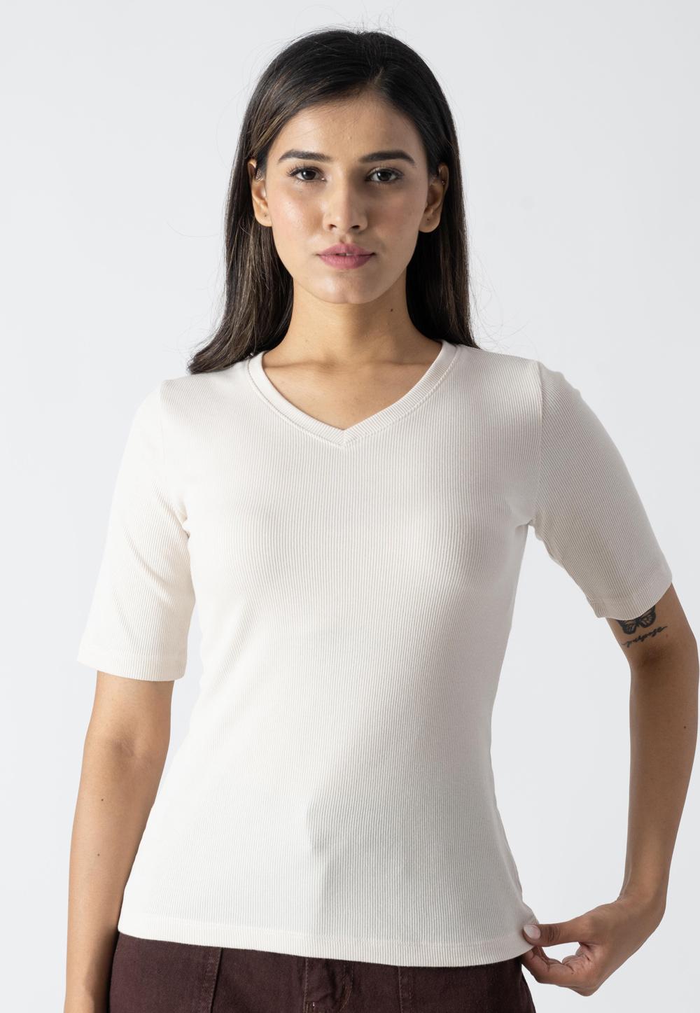 Off White Cotton V Neck T-Shirt 313271