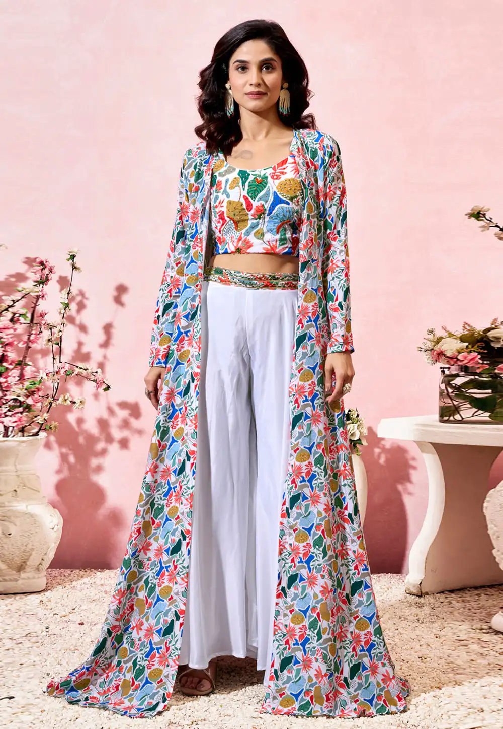 White Crepe Palazzo With Crop Top 311228