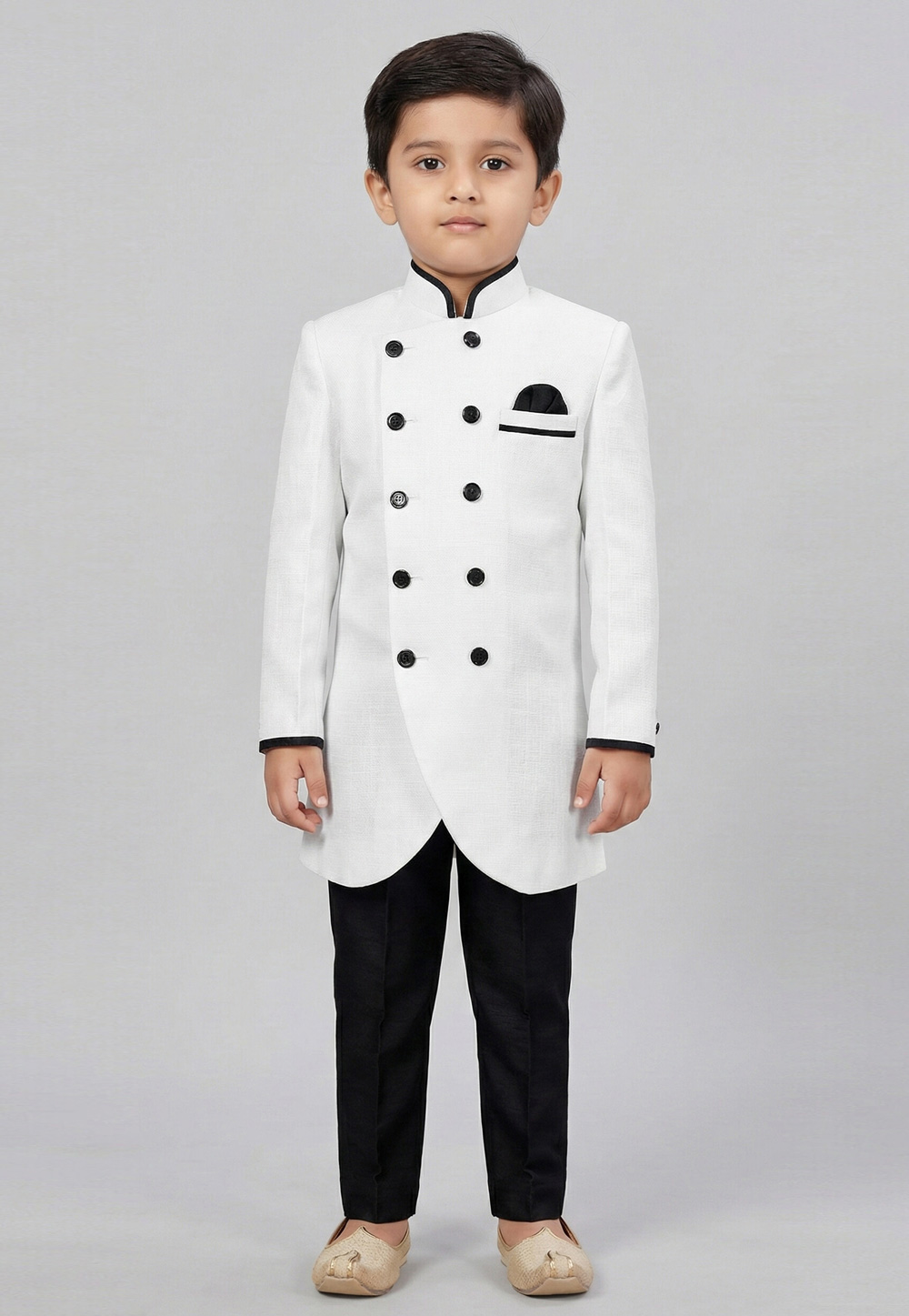 White Dupion Kids Indo Western Suit 323137