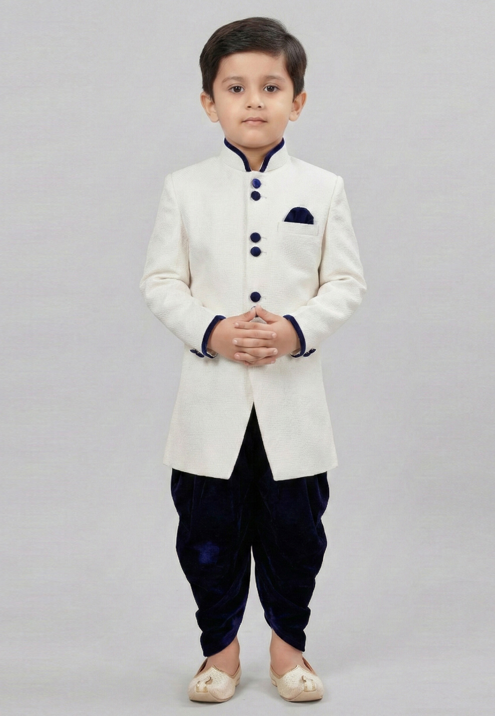White Dupion Kids Indo Western Suit 323146