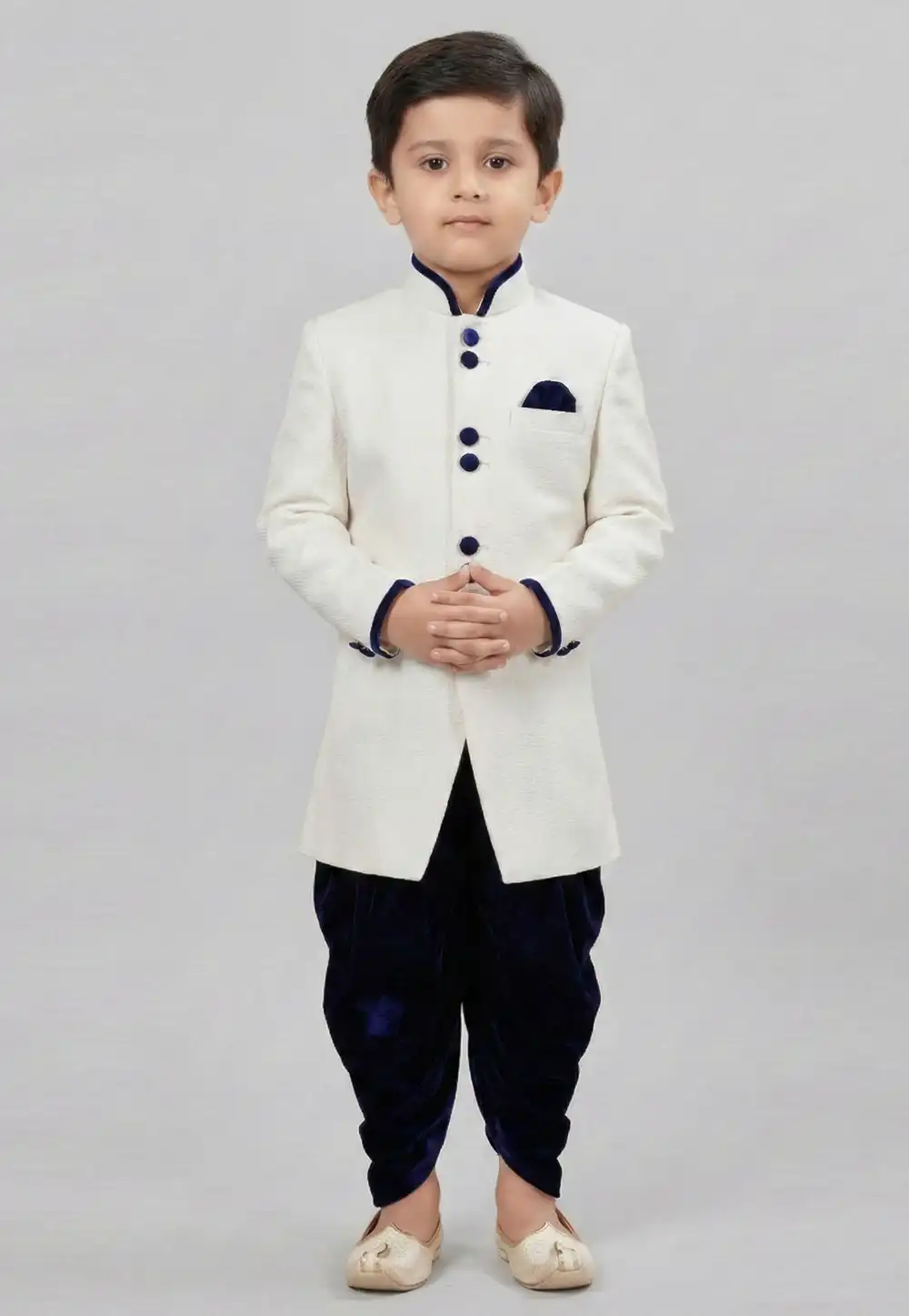 White Dupion Kids Indo Western Suit 323146