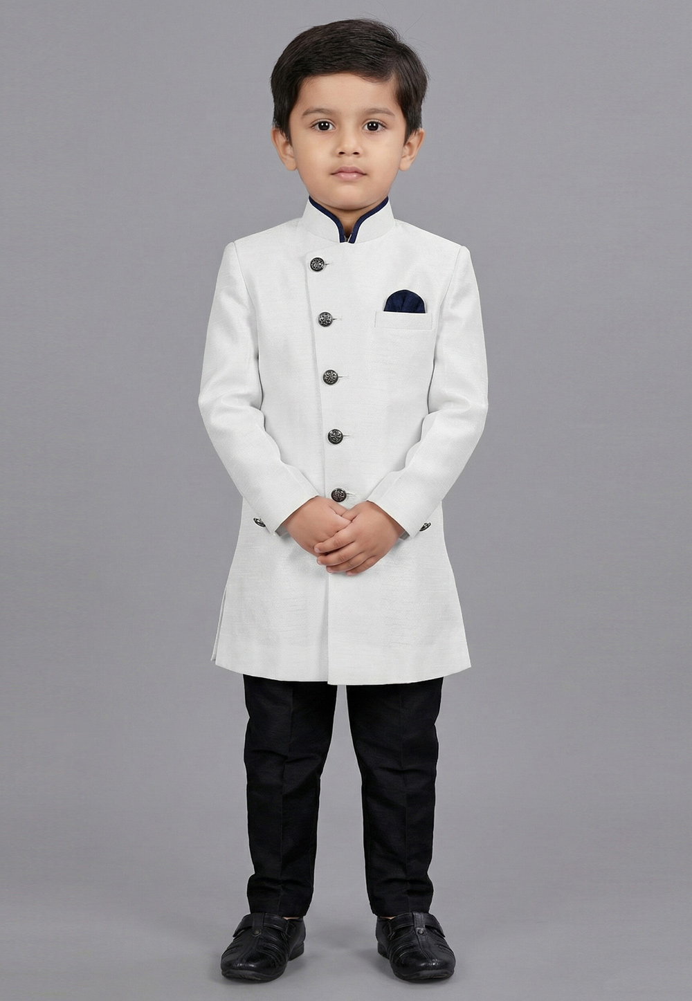 White Dupion Kids Indo Western Suit 323154