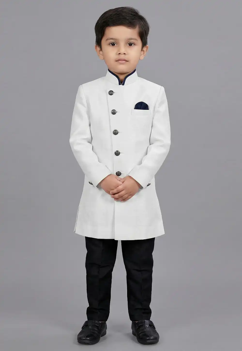 White Dupion Kids Indo Western Suit 323154