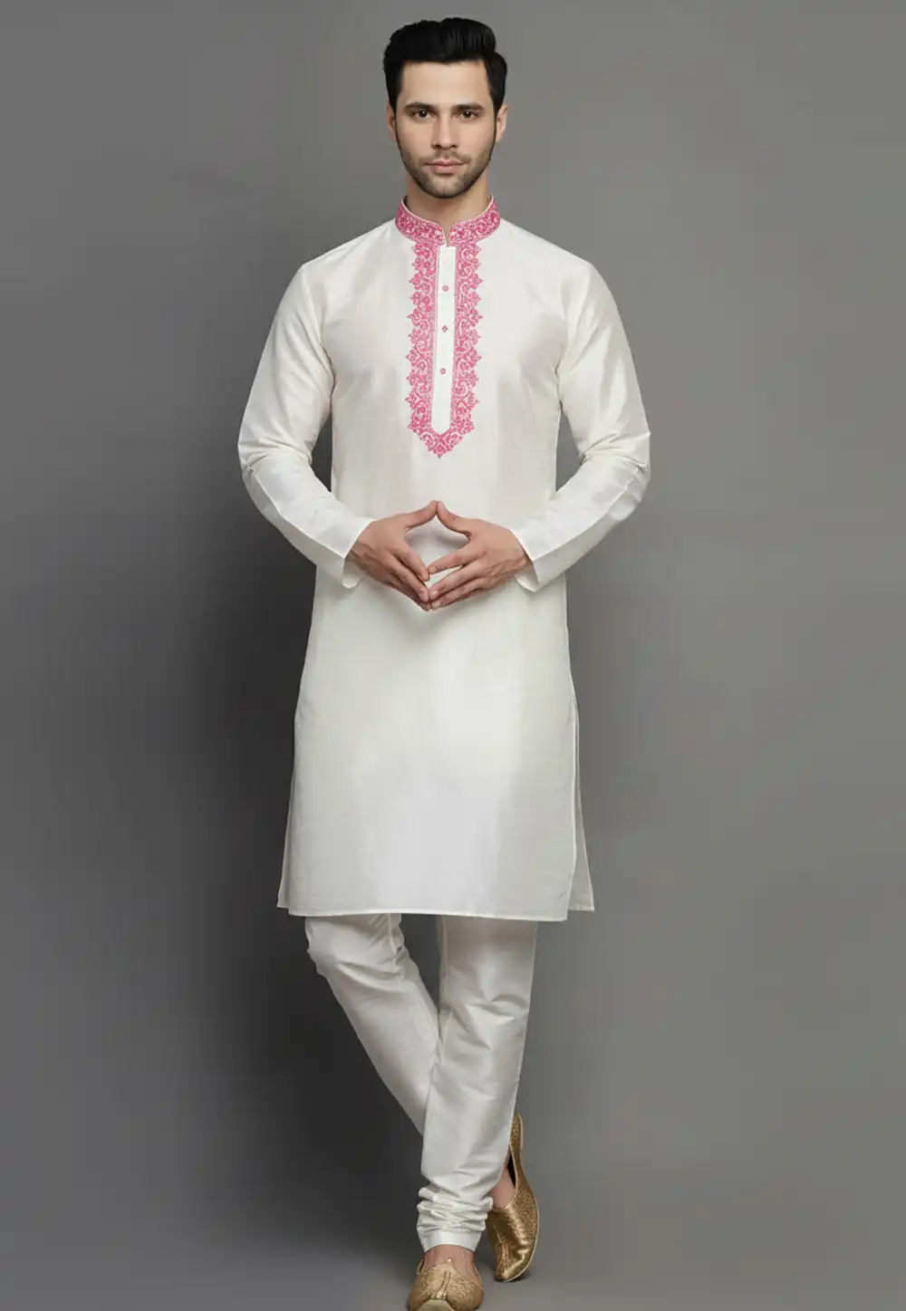 White Dupion Kurta Pajama 319966