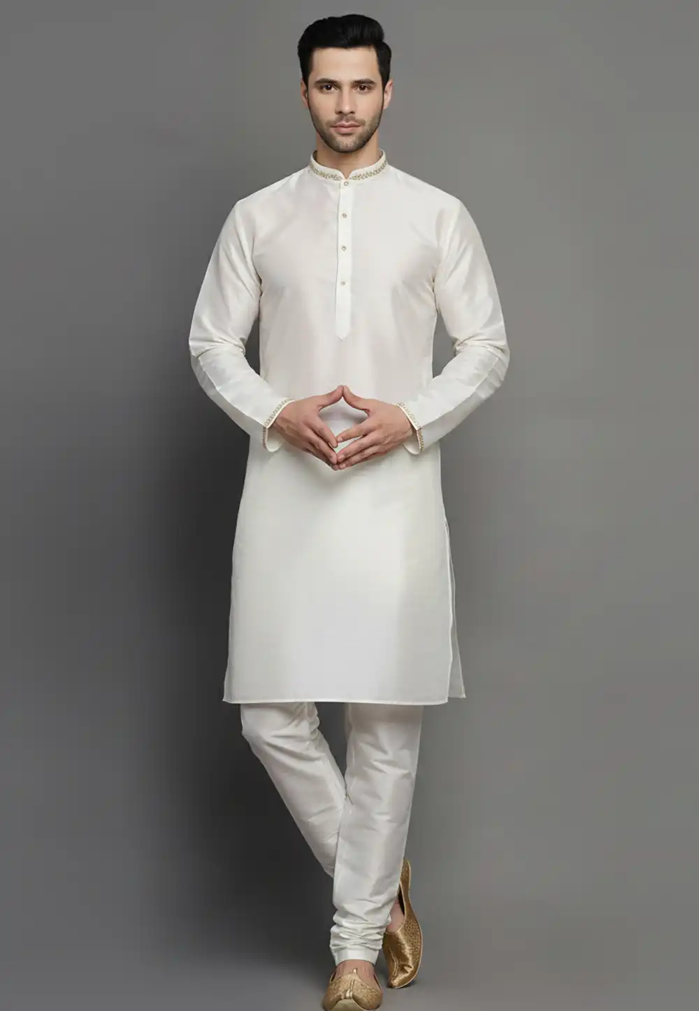 White Dupion Kurta Pajama 319971