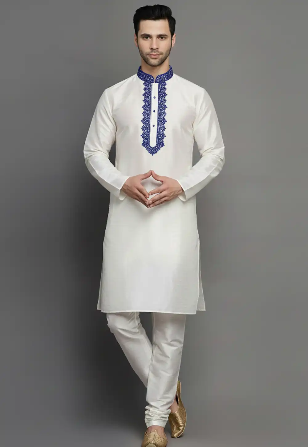 White Dupion Kurta Pajama 319973