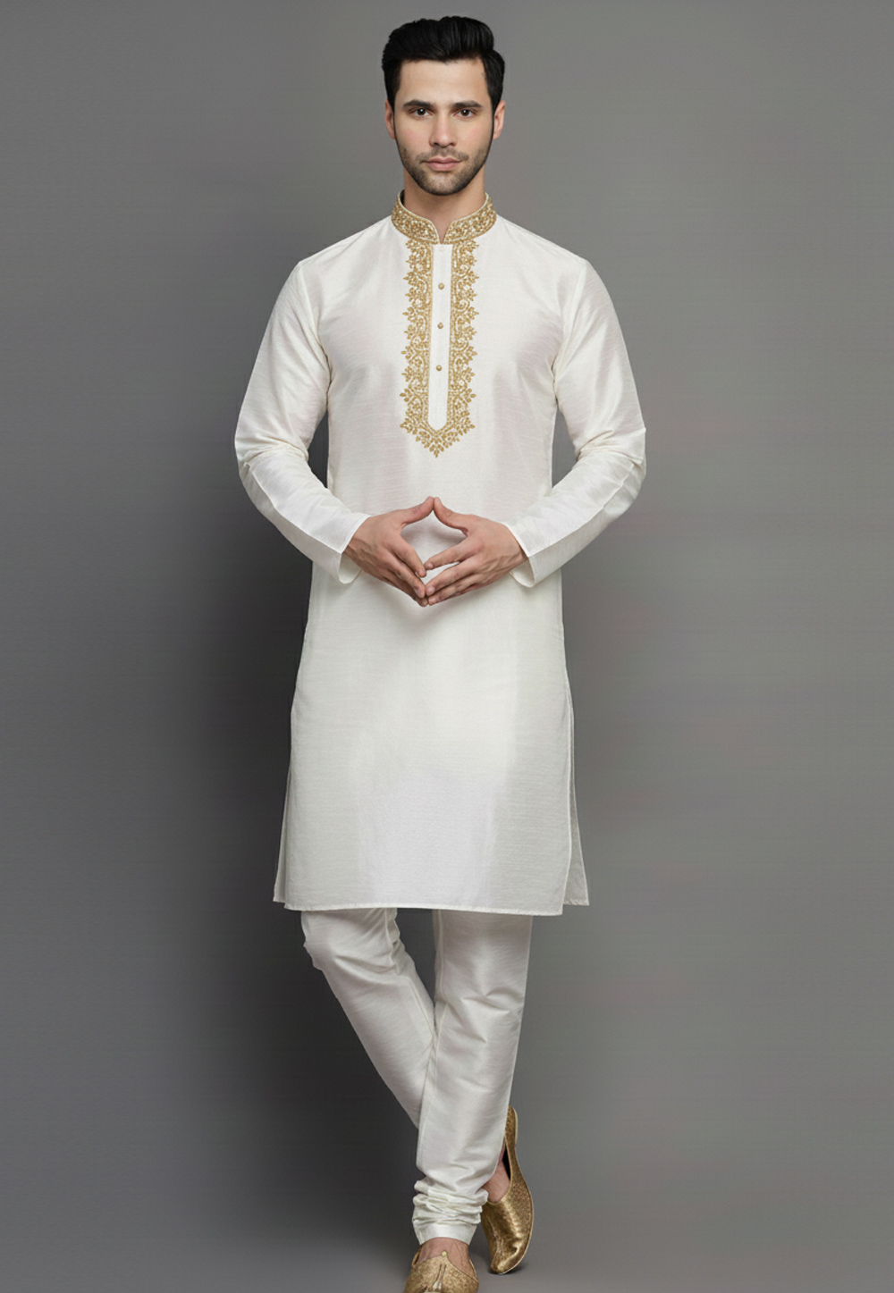 White Dupion Kurta Pajama 319974