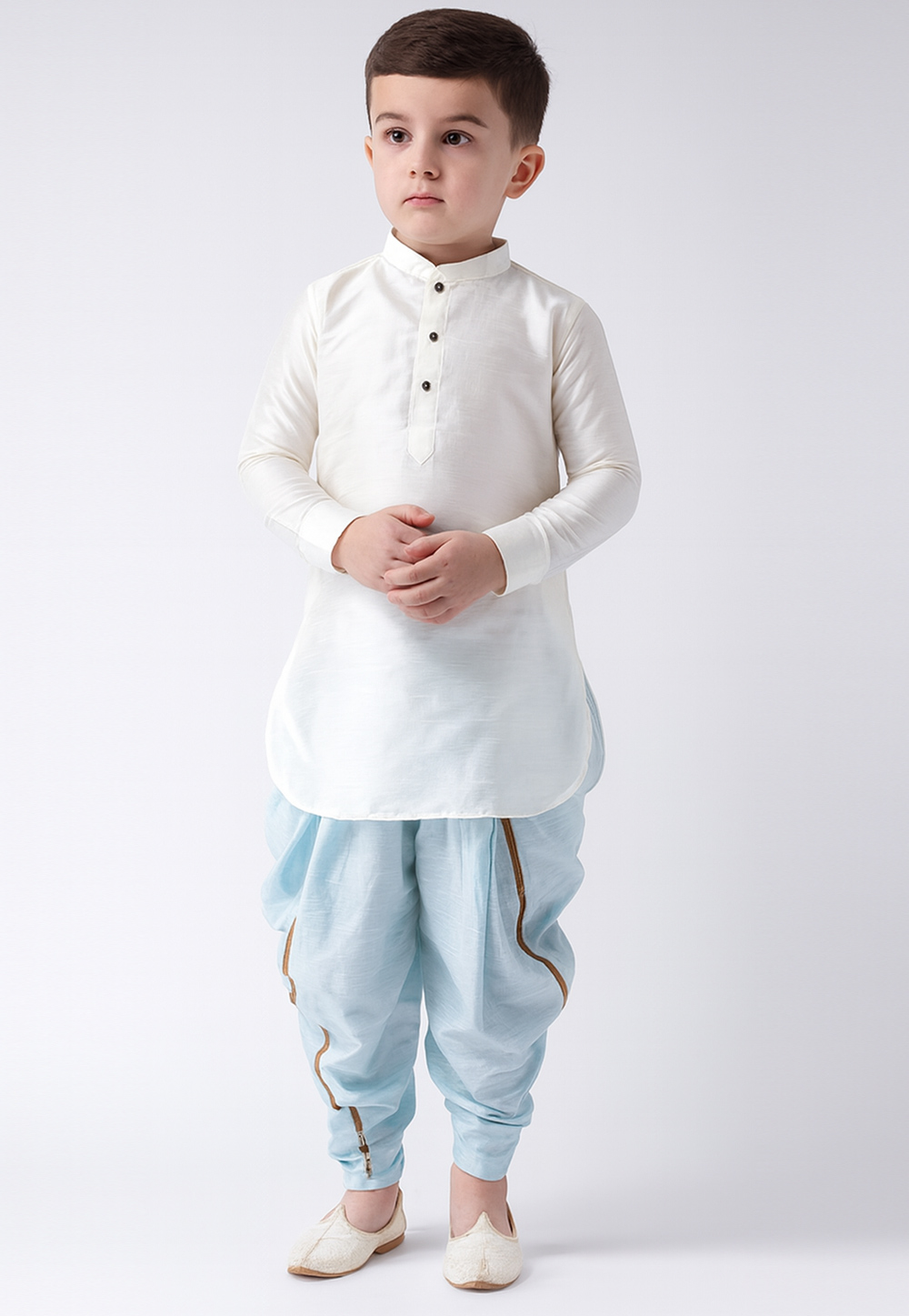 White Dupion Silk Kids Dhoti Kurta 320847