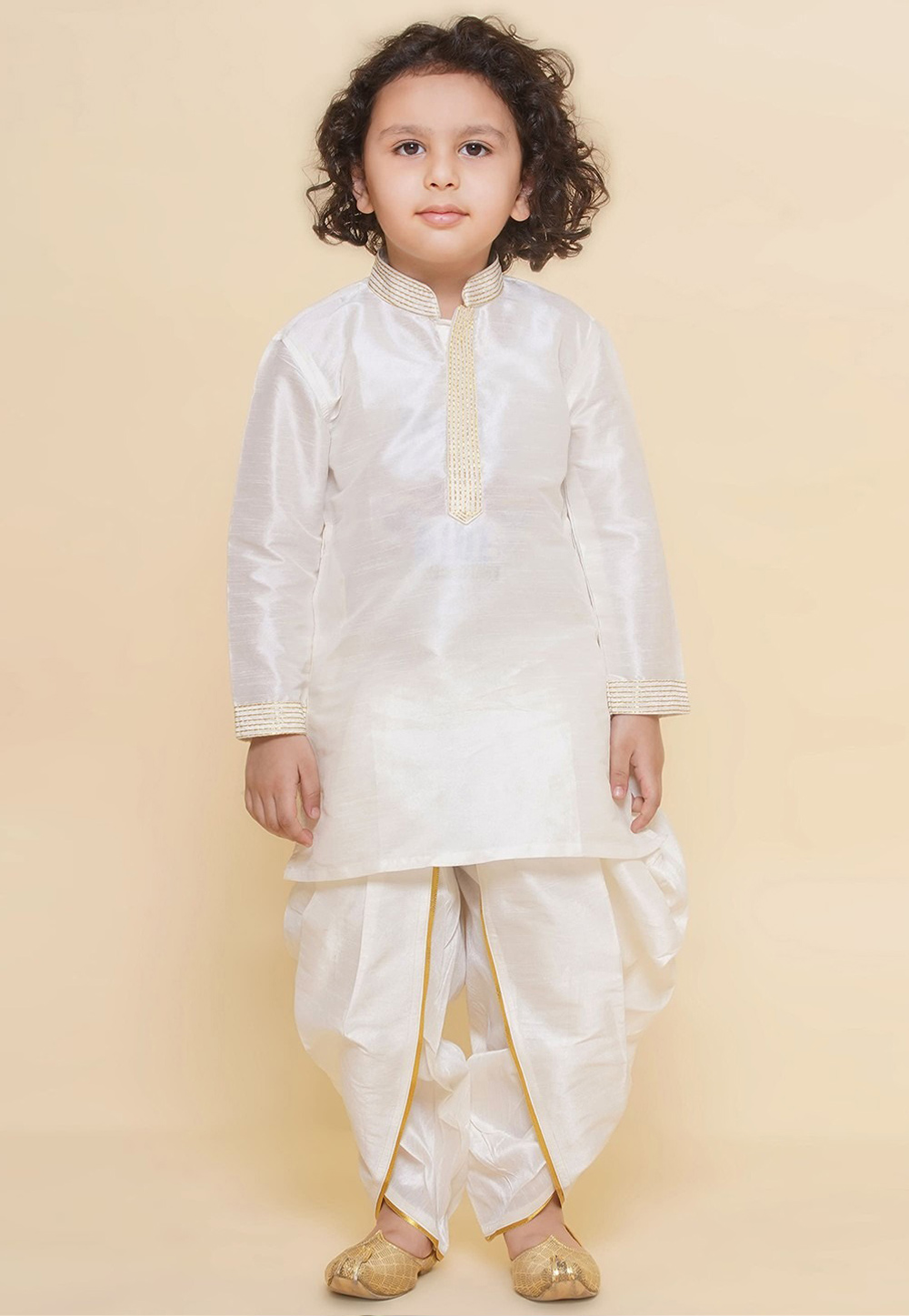 White Dupion Silk Kids Dhoti Kurta 312090